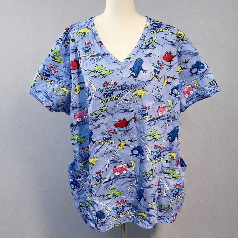 Dr. Seuss Save Our Oceans Medical Scrub‎ Top 3XL Blue V-Neck Coastal Aesthetic
